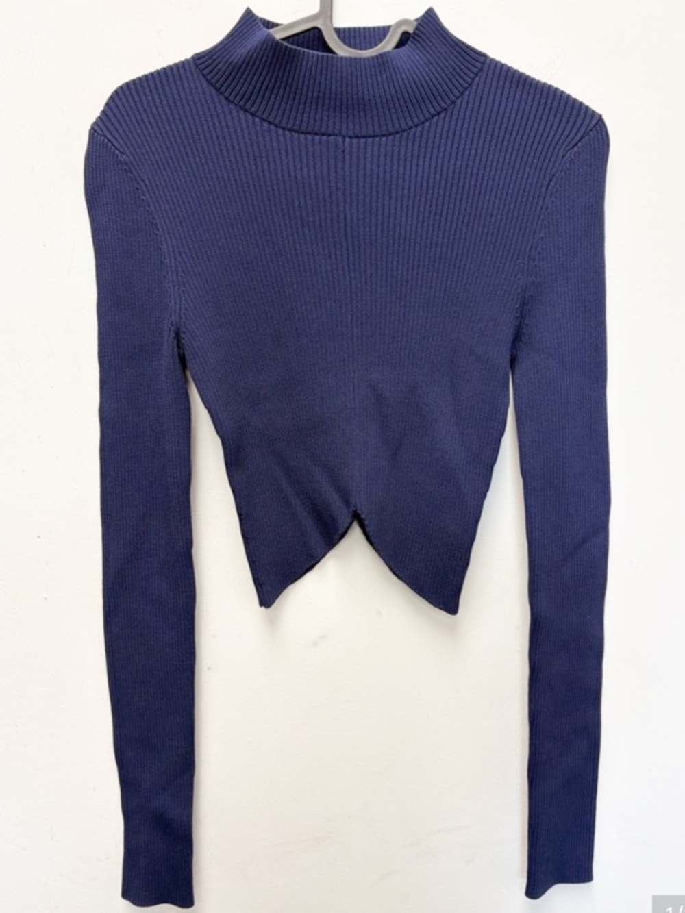 bec + bridge Navy Ribbed Mock Neck Cropped Long Sleeve Top